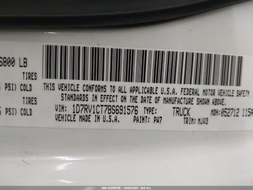 2011 Ram Ram 1500 Slt VIN: 1D7RV1CT7BS691576 Lot: 43396760