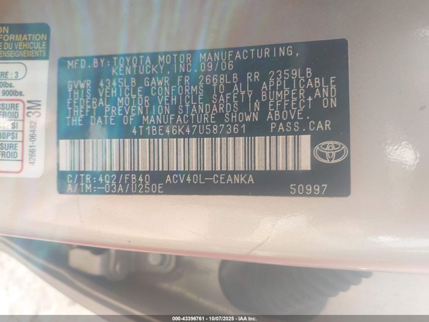 2007 Toyota Camry Le VIN: 4T1BE46K47U587361 Lot: 43396761