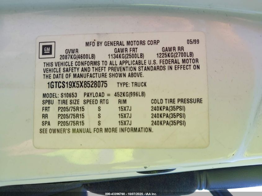 1999 GMC Sonoma Sls VIN: 1GTCS19X5X8528075 Lot: 43396768