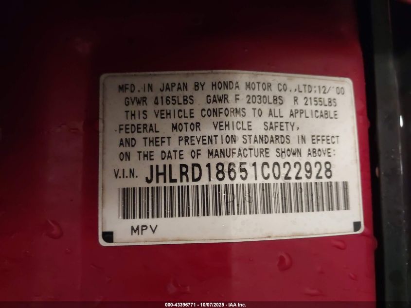 2001 Honda Cr-V Ex VIN: JHLRD18651C022928 Lot: 43396771