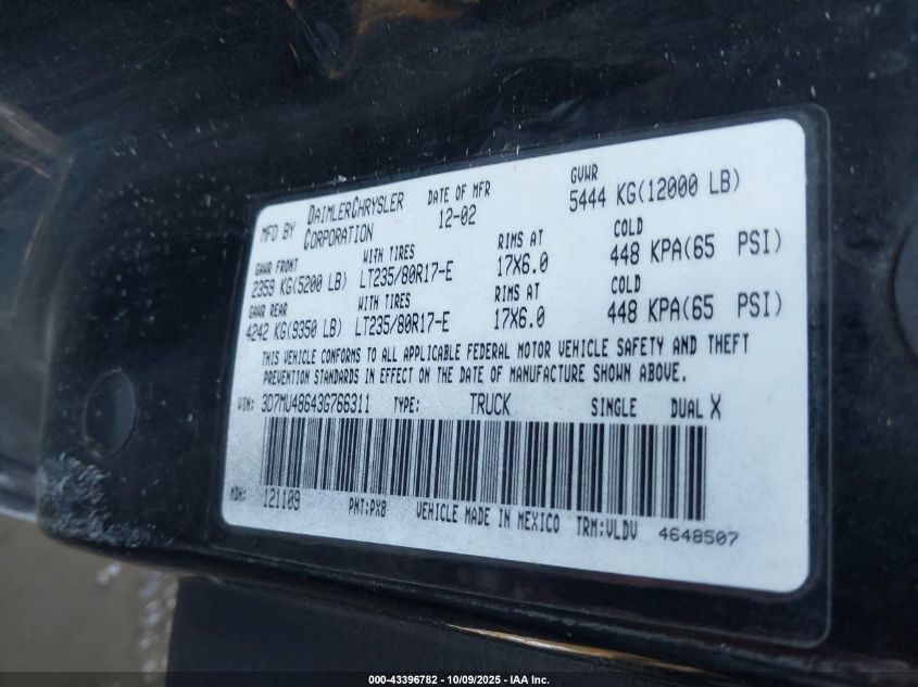 2003 Dodge Ram 3500 Slt/Laramie/St VIN: 3D7MU48643G766311 Lot: 43396782