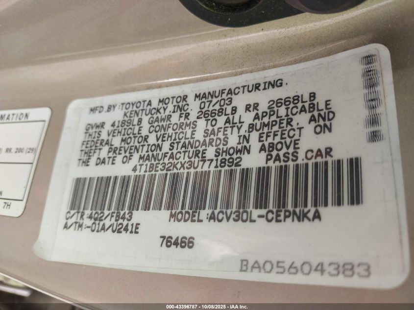 2003 Toyota Camry Le VIN: 4T1BE32KX3U771892 Lot: 43396787