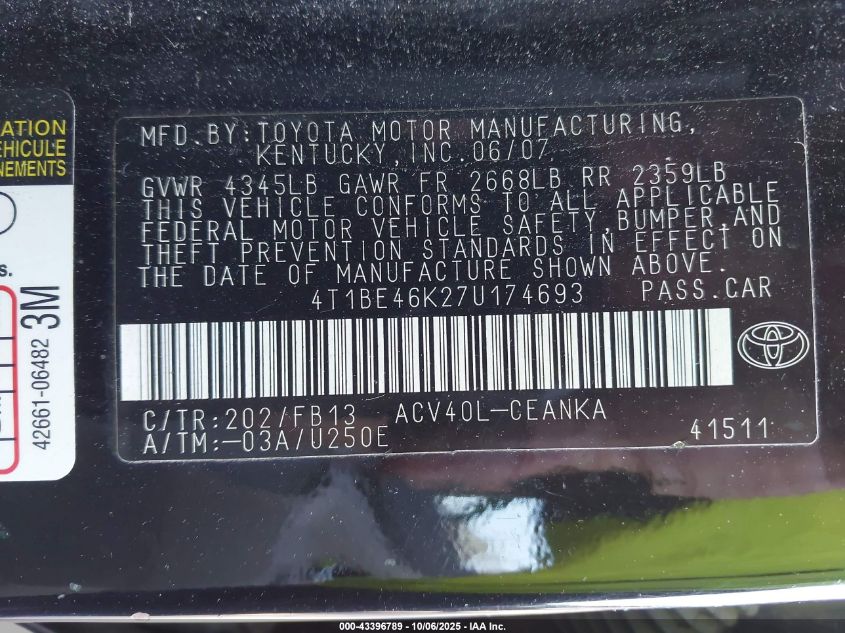 2007 Toyota Camry Le VIN: 4T1BE46K27U174693 Lot: 43396789