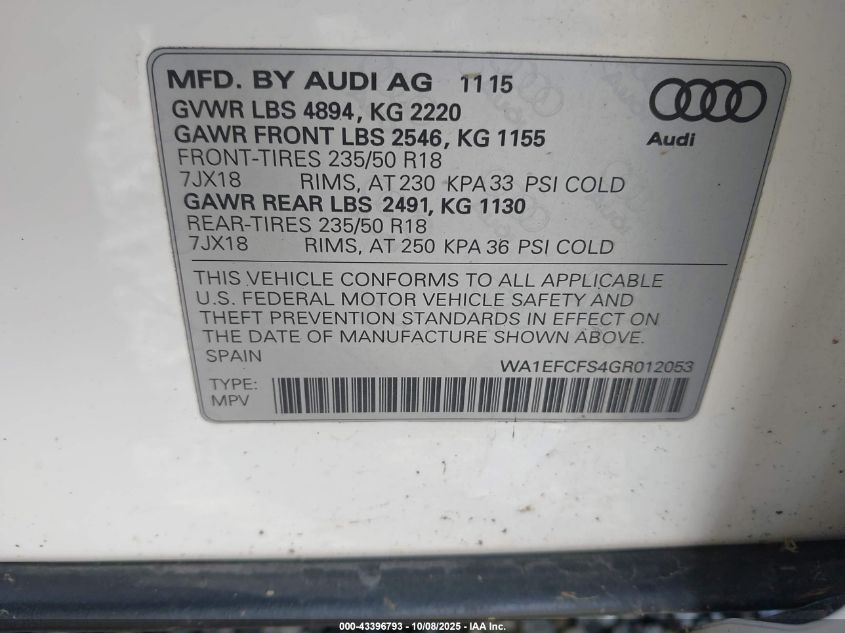 2016 Audi Q3 2.0T Premium Plus VIN: WA1EFCFS4GR012053 Lot: 43396793