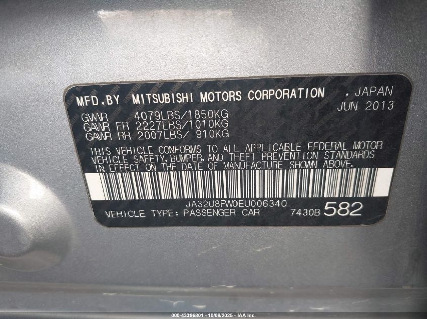 2014 Mitsubishi Lancer Gt VIN: JA32U8FW0EU006340 Lot: 43396801