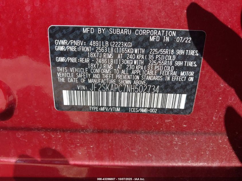 2022 Subaru Forester Limited VIN: JF2SKAPC7NH502734 Lot: 43396807