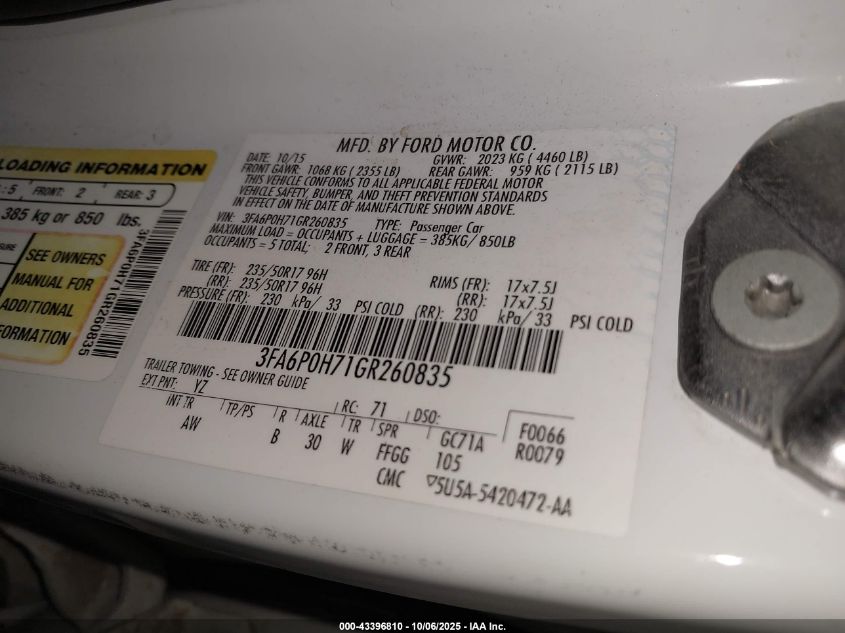 2016 Ford Fusion Se VIN: 3FA6P0H71GR260835 Lot: 43396810