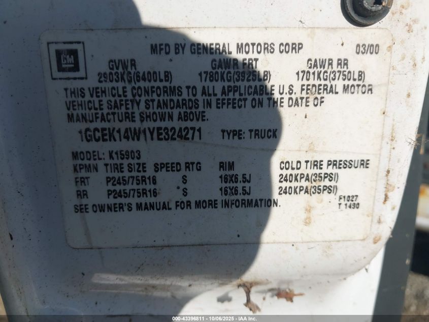 2000 Chevrolet Silverado 1500 VIN: 1GCEK14W1YE324271 Lot: 43396811