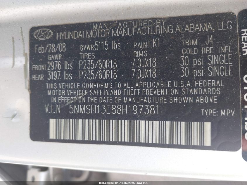 2008 Hyundai Santa Fe Limited/Se VIN: 5NMSH13E88H197381 Lot: 43396812