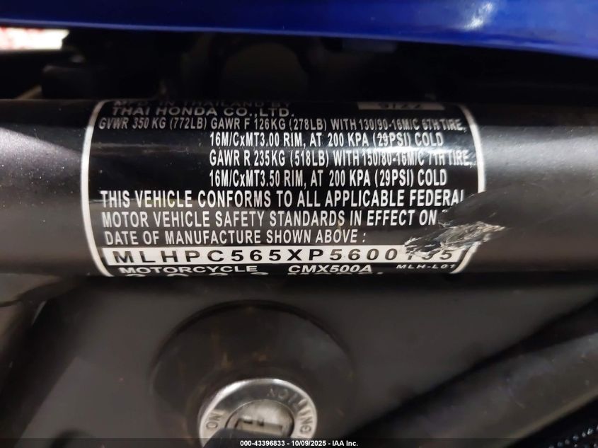 2023 Honda Cmx500 A VIN: MLHPC565XP5600105 Lot: 43396833