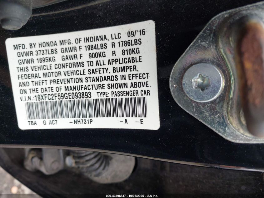 2016 Honda Civic Lx VIN: 19XFC2F59GE093893 Lot: 43396847