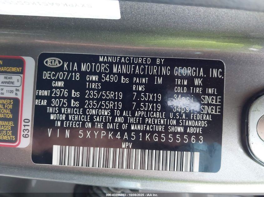 2019 Kia Sorento 3.3L Sxl VIN: 5XYPK4A51KG555563 Lot: 43396863