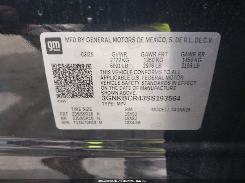 2025 Chevrolet Blazer Fwd 2Lt VIN: 3GNKBCR43SS193564 Lot: 43396866