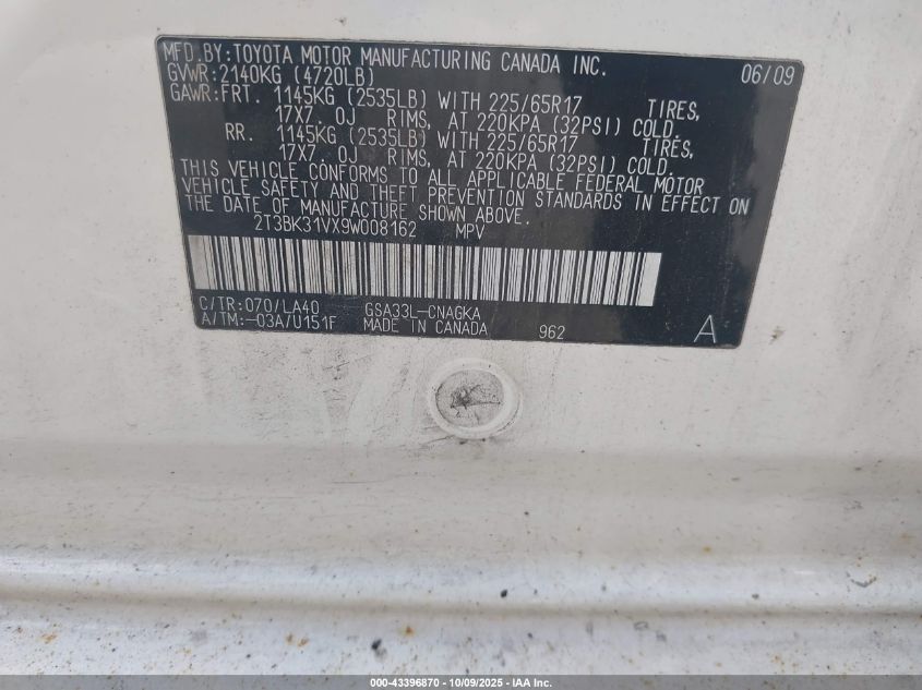 2009 Toyota Rav4 Limited V6 VIN: 2T3BK31VX9W008162 Lot: 43396870