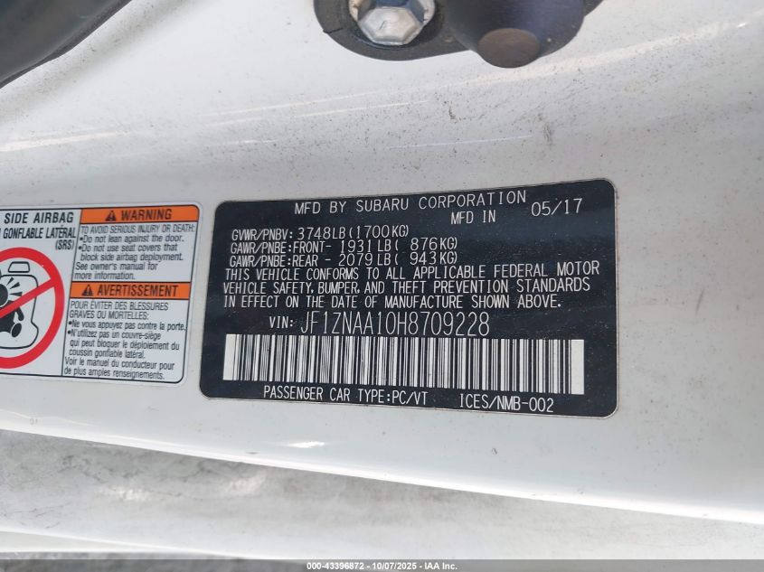 2017 Toyota 86 VIN: JF1ZNAA10H8709228 Lot: 43396872