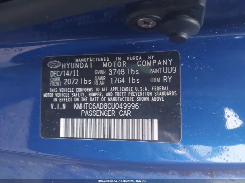 2012 Hyundai Veloster Base W/Black VIN: KMHTC6AD8CU049996 Lot: 43396874