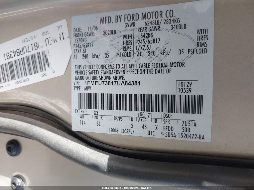 2007 Ford Explorer Xlt VIN: 1FMEU73817UA84381 Lot: 43396883