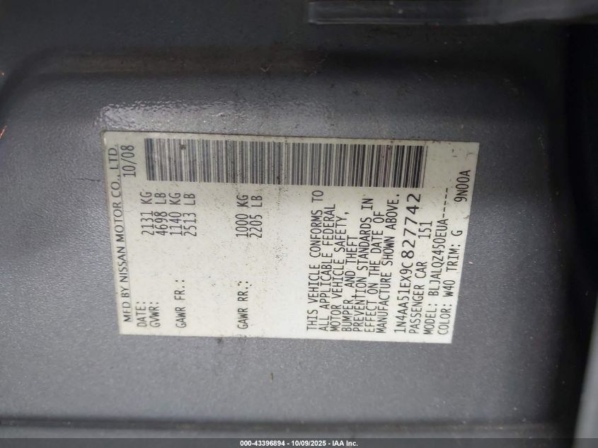 2009 Nissan Maxima 3.5 S VIN: 1N4AA51EX9C827742 Lot: 43396894