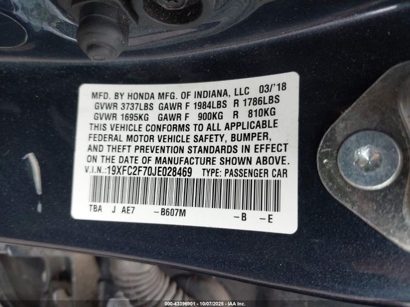 2018 Honda Civic Ex VIN: 19XFC2F70JE028469 Lot: 43396901