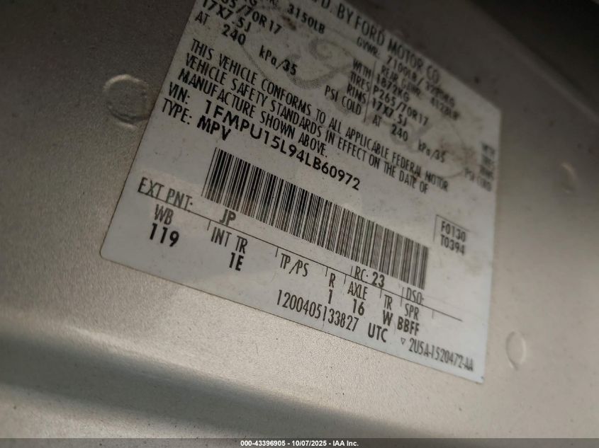 2004 Ford Expedition Xlt VIN: 1FMPU15L94LB60972 Lot: 43396905