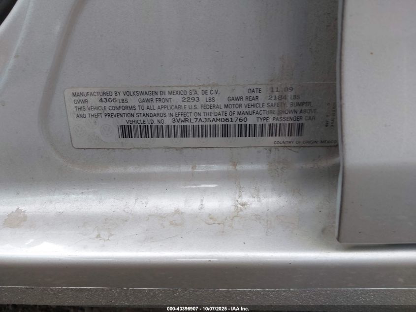 2010 Volkswagen Jetta Tdi VIN: 3VWRL7AJ5AM061760 Lot: 43396907