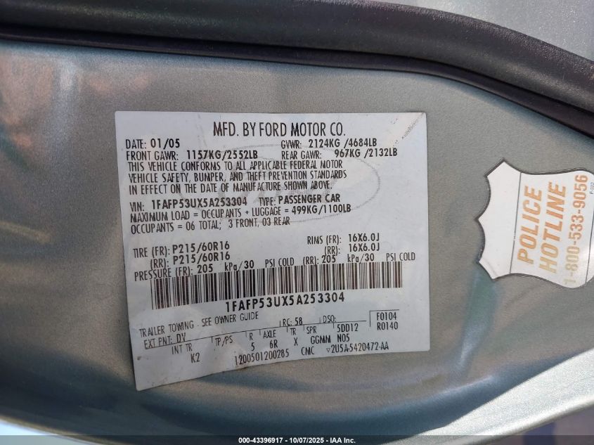 2005 Ford Taurus Se VIN: 1FAFP53UX5A253304 Lot: 43396917