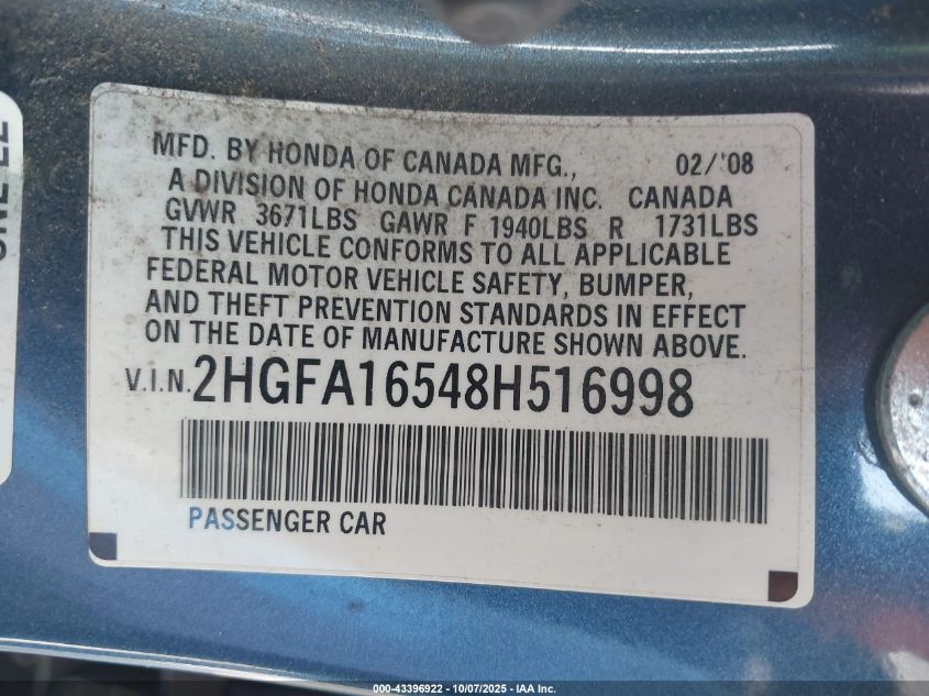 2008 Honda Civic Lx VIN: 2HGFA16548H516998 Lot: 43396922