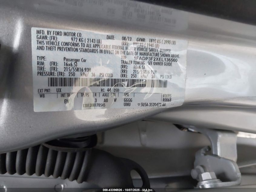 2014 Ford Focus Se VIN: 1FADP3F2XEL136560 Lot: 43396926