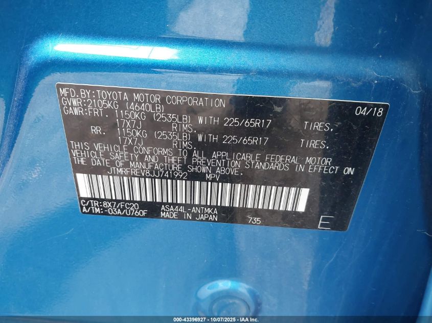 2018 Toyota Rav4 Xle VIN: JTMRFREV8JJ741992 Lot: 43396927