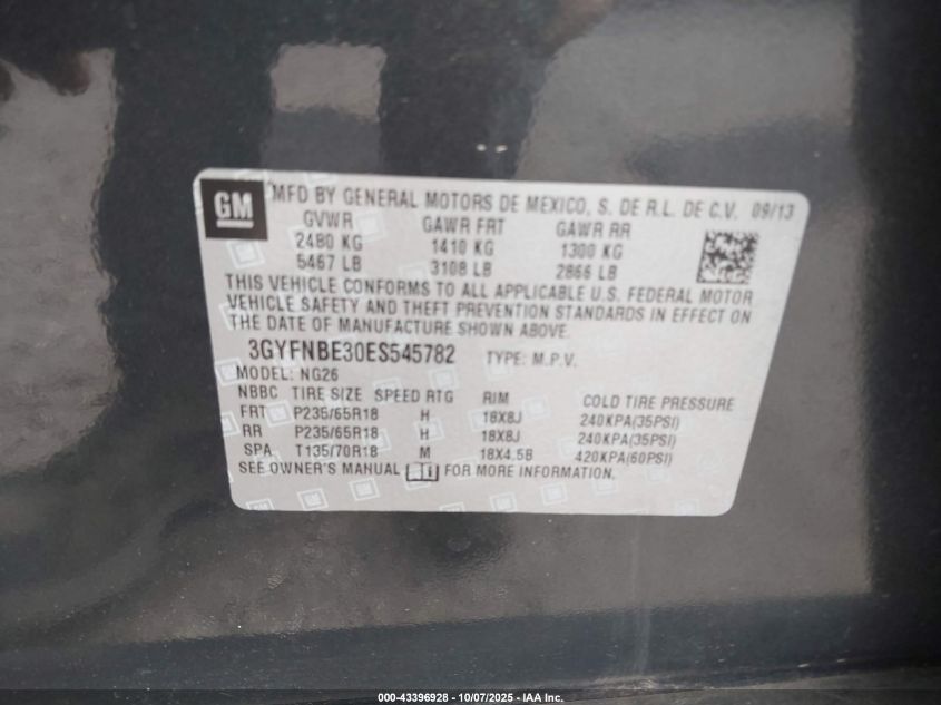 2014 Cadillac Srx Luxury Collection VIN: 3GYFNBE30ES545782 Lot: 43396928