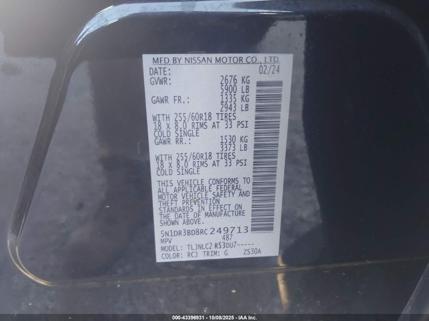 2024 Nissan Pathfinder Sv 4Wd VIN: 5N1DR3BD8RC249713 Lot: 43396931