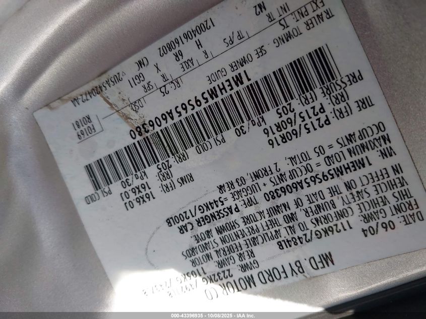 2005 Mercury Sable Ls Premium VIN: 1MEHM59S65A606380 Lot: 43396935