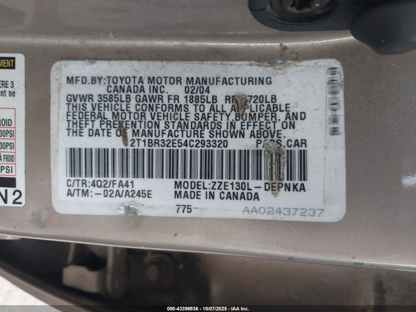 2004 Toyota Corolla Le VIN: 2T1BR32E54C293320 Lot: 43396936