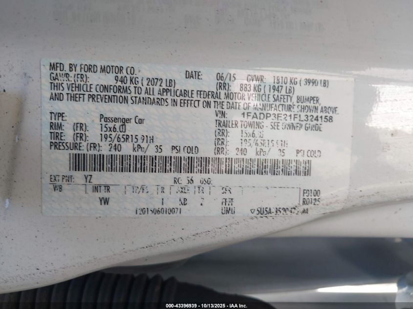2015 Ford Focus S VIN: 1FADP3E21FL324158 Lot: 43396939