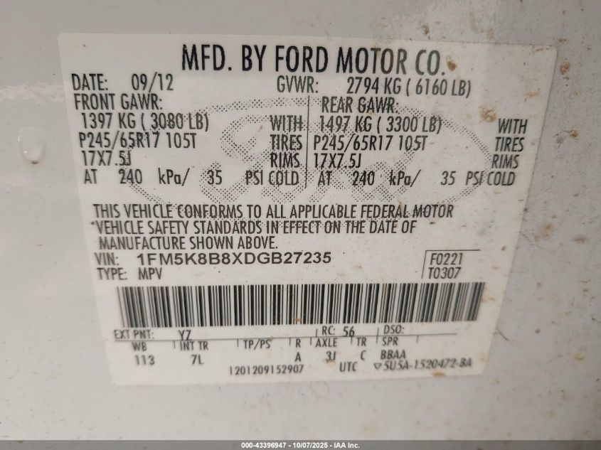 2013 Ford Explorer VIN: 1FM5K8B8XDGB27235 Lot: 43396947