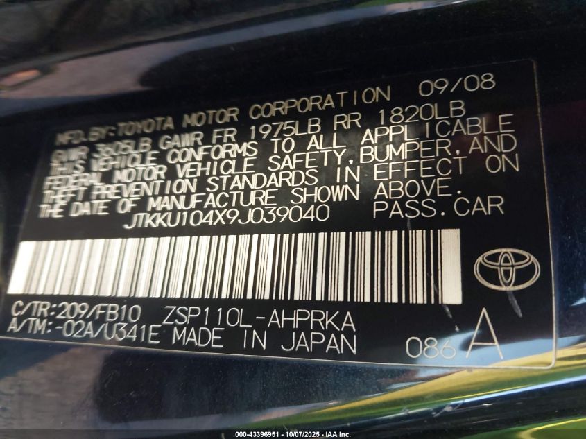 2009 Scion Xd VIN: JTKKU104X9J039040 Lot: 43396951