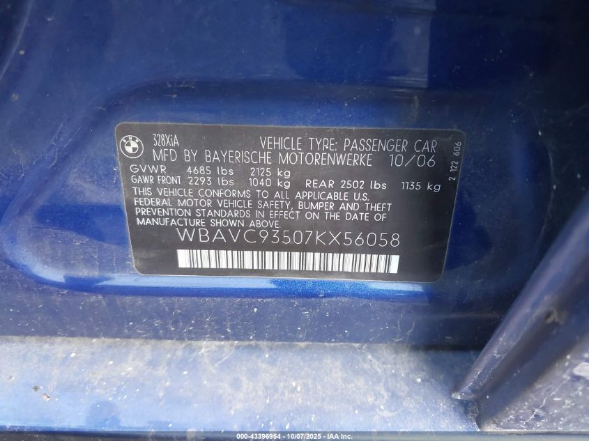 2007 BMW 328Xi VIN: WBAVC93507KX56058 Lot: 43396954