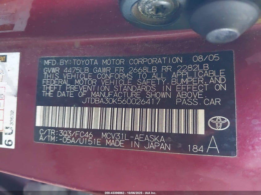 2006 Toyota Camry Se V6 VIN: JTDBA30K560026417 Lot: 43396963