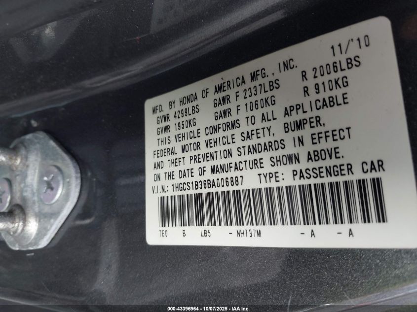 2011 Honda Accord 2.4 Lx-S VIN: 1HGCS1B36BA006887 Lot: 43396964