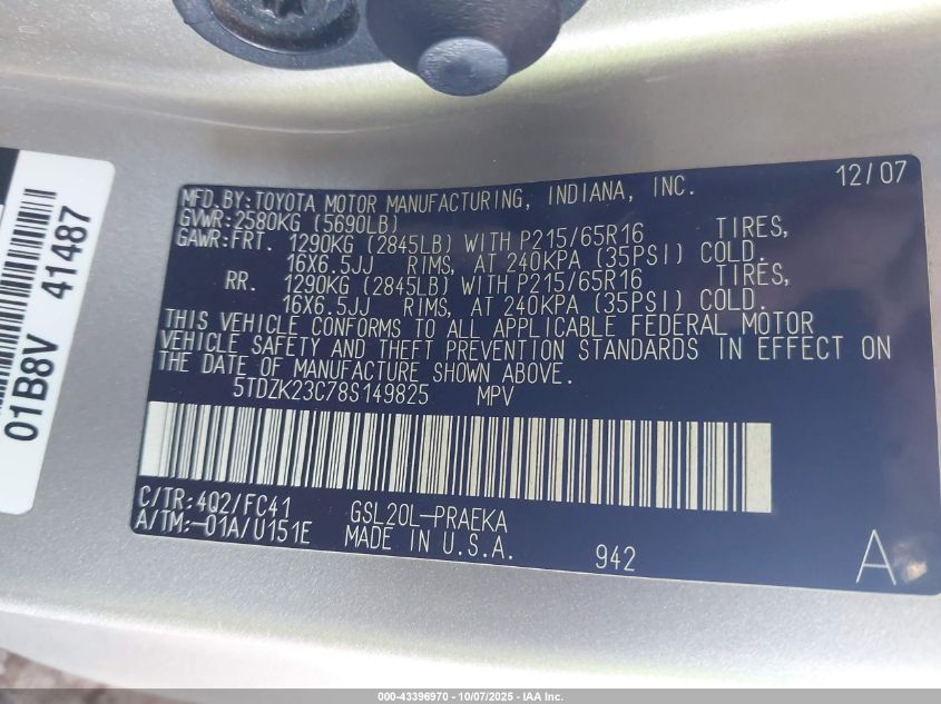 2008 Toyota Sienna Le VIN: 5TDZK23C78S149825 Lot: 43396970