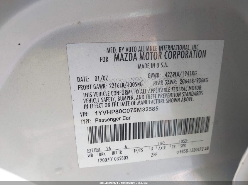 2007 Mazda Mazda6 I Touring VIN: 1YVHP80C075M32585 Lot: 43396971