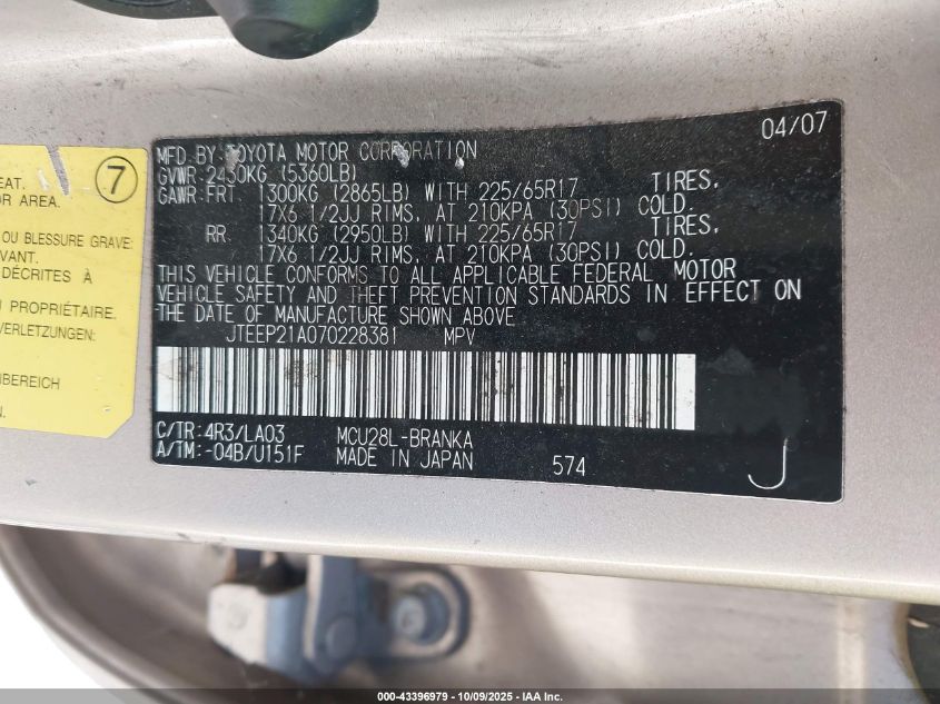 2007 Toyota Highlander Limited V6 VIN: JTEEP21A070228381 Lot: 43396979