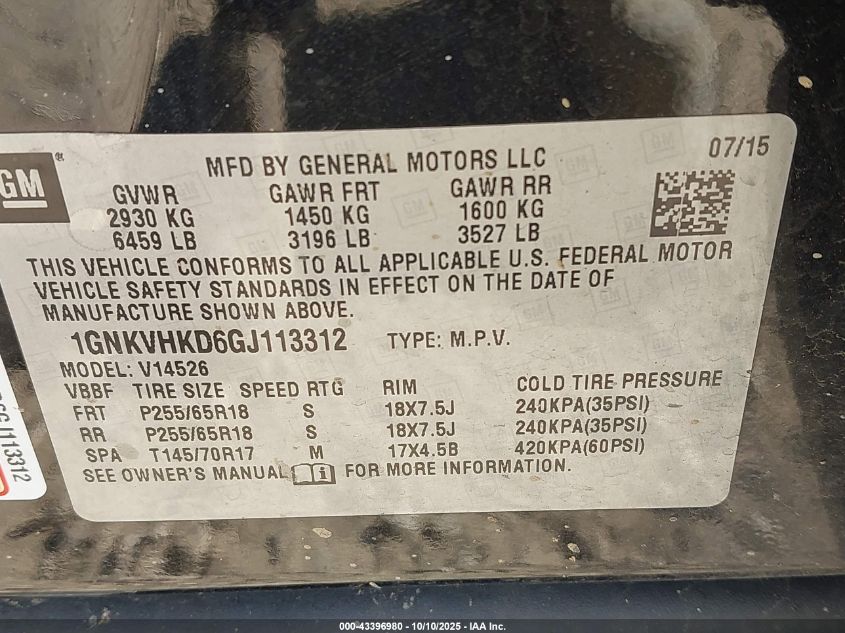 2016 Chevrolet Traverse 2Lt VIN: 1GNKVHKD6GJ113312 Lot: 43396980