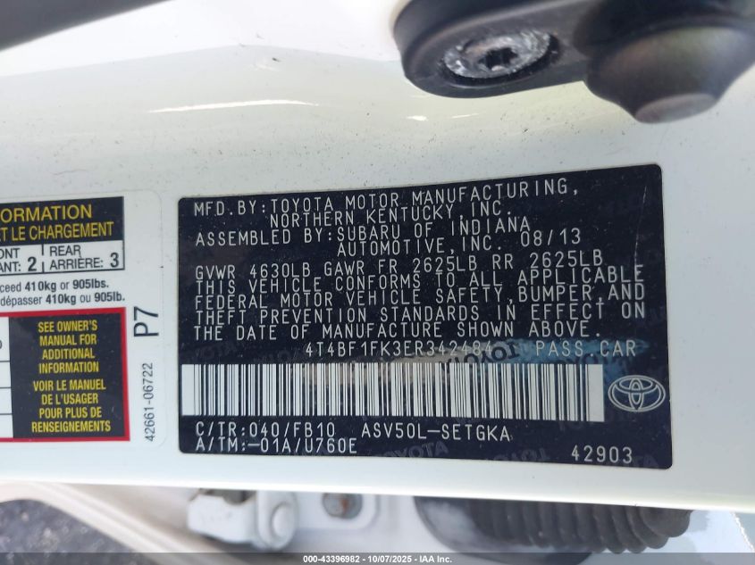 2014 Toyota Camry Xle VIN: 4T4BF1FK3ER342484 Lot: 43396982