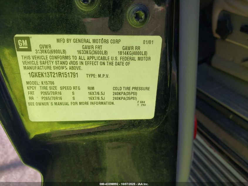 2001 GMC Yukon Slt VIN: 1GKEK13T21R151791 Lot: 43396992