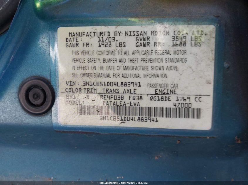 2004 Nissan Sentra 1.8S VIN: 3N1CB51D04L883941 Lot: 43396995