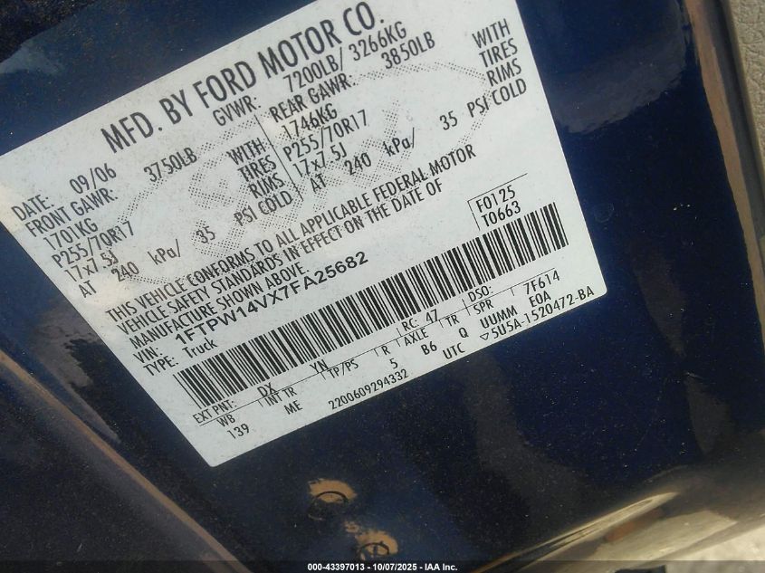 2007 Ford F-150 Fx4/Lariat/Xlt VIN: 1FTPW14VX7FA25682 Lot: 43397013