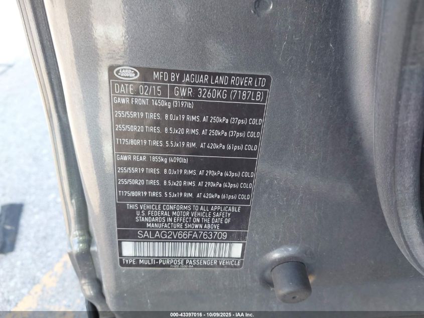 2015 Land Rover Lr4 VIN: SALAG2V66FA763709 Lot: 43397016