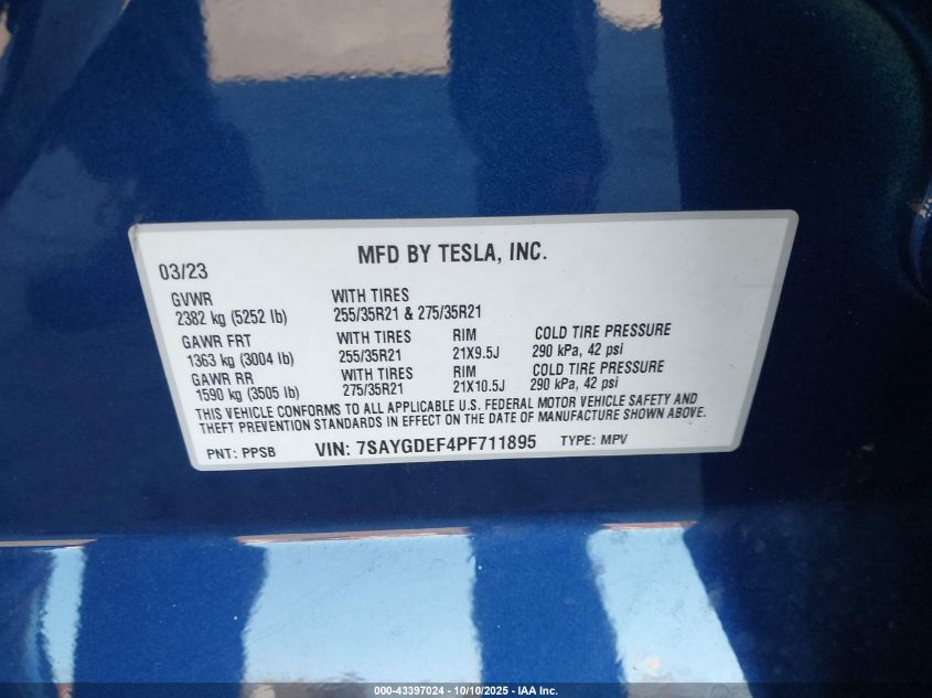 2023 Tesla Model Y Performance Dual Motor All-Wheel Drive VIN: 7SAYGDEF4PF711895 Lot: 43397024