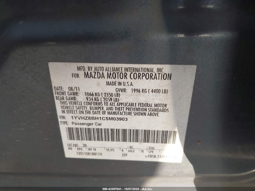 2012 Mazda Mazda6 I Sport VIN: 1YVHZ8BH1C5M03903 Lot: 43397041